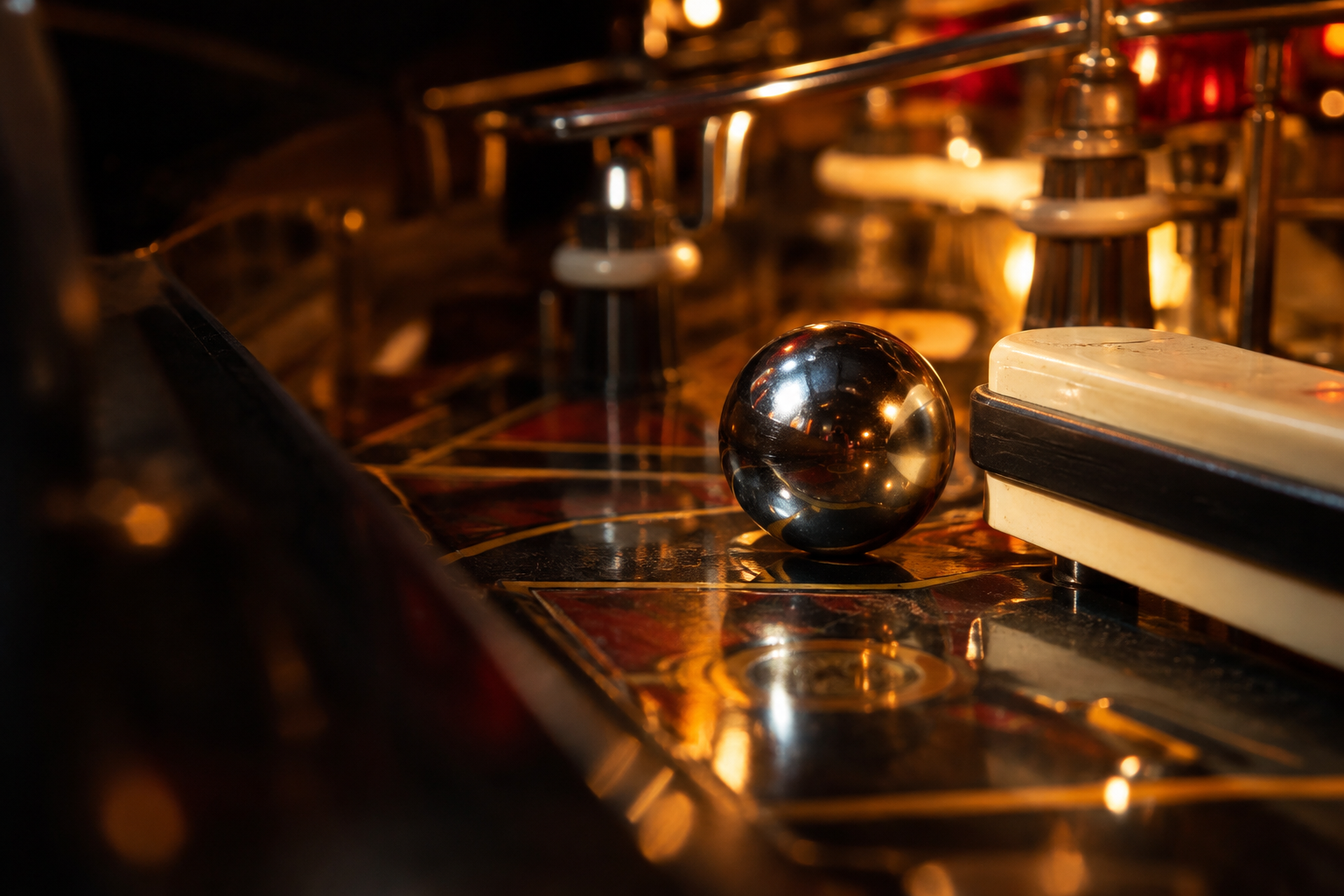 An illustrative close-up of a pinball and flipper in warm arcade light